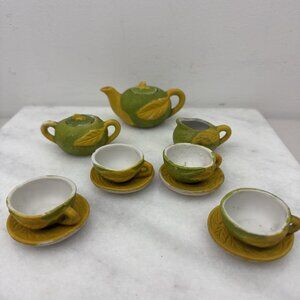 Vintage Ceramic Green & Yellow Drip Glaze Child's Mini Tea Set Of 11